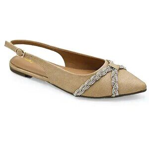 Elegant Beige Slingback Flats with Rhinestone Strap | Pointed Toe Dress Shoes